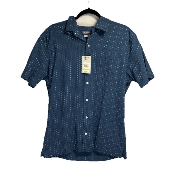 New Van Heusen Shirt Men Medium 15-15.5 Blue Seersucker All Over Polka Dot Print - Picture 1 of 5